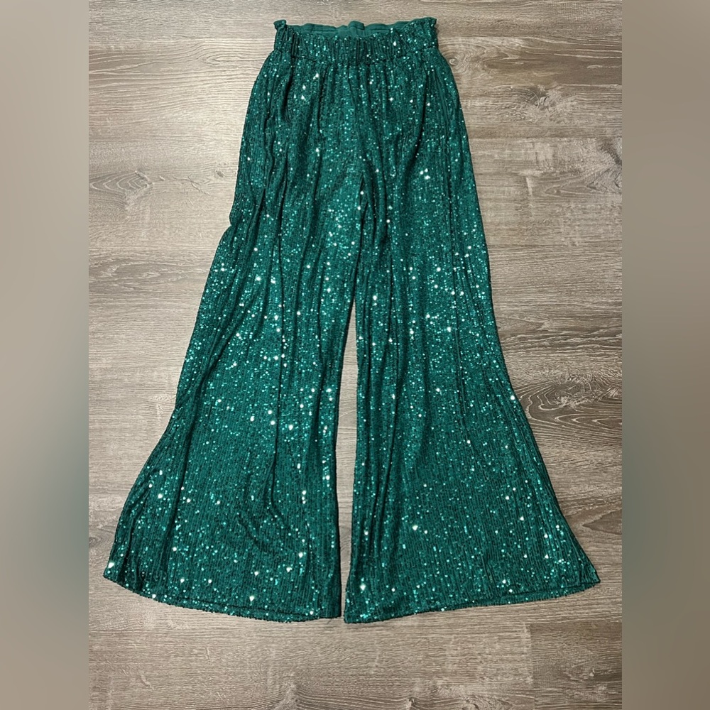 Lulu's Emerald Green Sequin Wide Leg Jumpsuit Pants - Picture 2 of 7